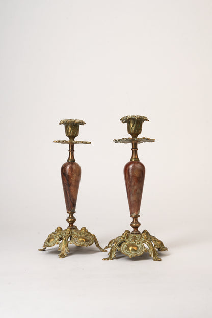 Antique Brass & Marble Candle Stands
