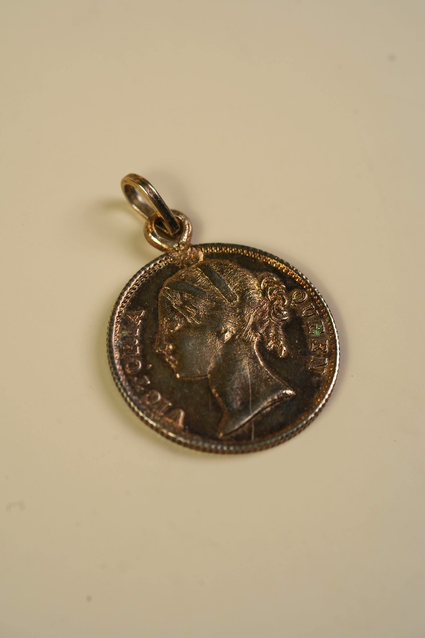 Antique East India Company One Rupee Coin Pendant — Queen Victoria, 1840