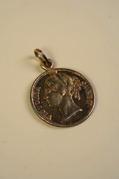 Antique East India Company One Rupee Coin Pendant — Queen Victoria, 1840
