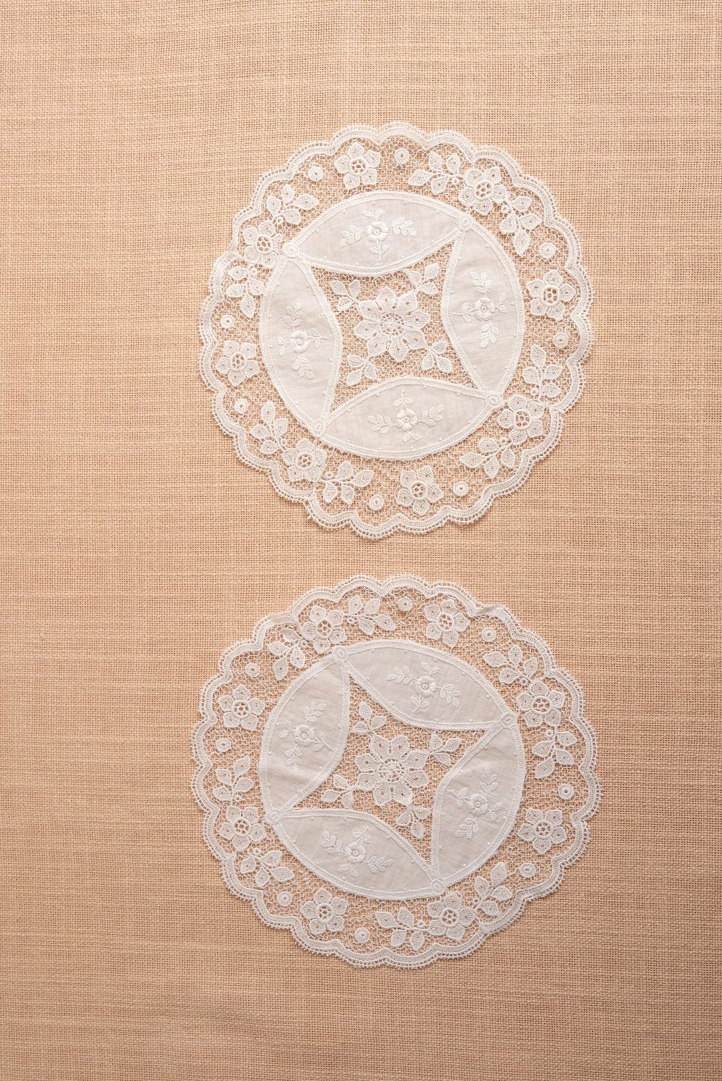 Small Antique Embroidered Lace Doilies | Set of 2