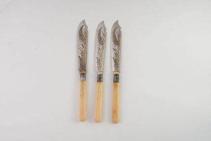 Antique Fruit Knives with Etched Blades & Cream Handles | Set of 3