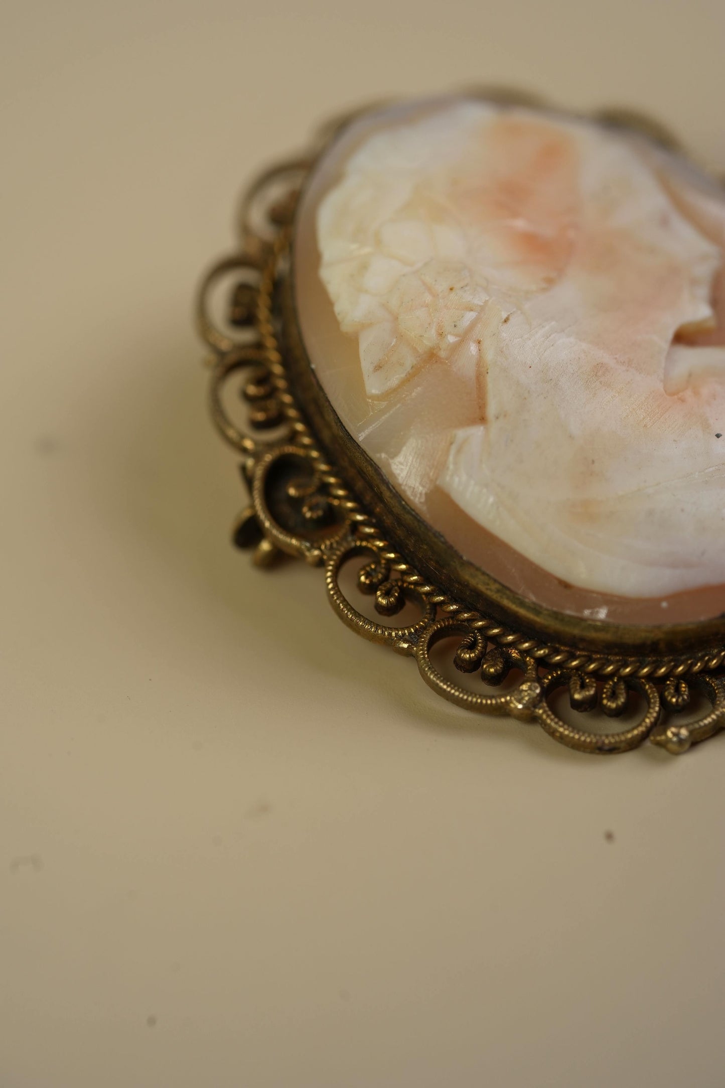 Antique Shell Cameo Pendant — Classical Profile in Beaded Filigree Frame