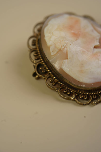 Antique Shell Cameo Pendant — Classical Profile in Beaded Filigree Frame