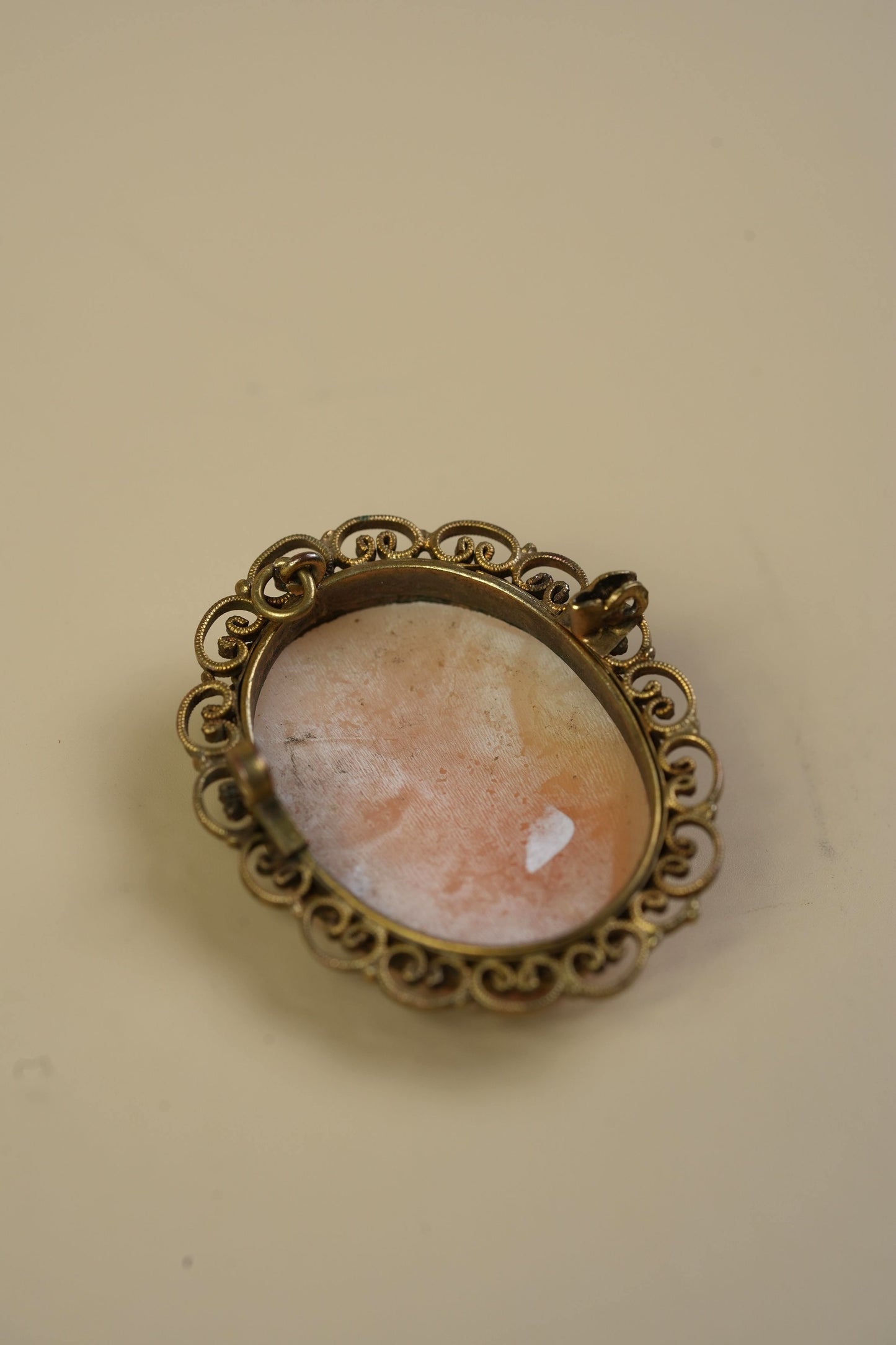 Antique Shell Cameo Pendant — Classical Profile in Beaded Filigree Frame