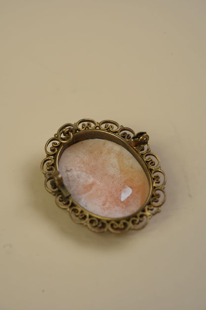 Antique Shell Cameo Pendant — Classical Profile in Beaded Filigree Frame