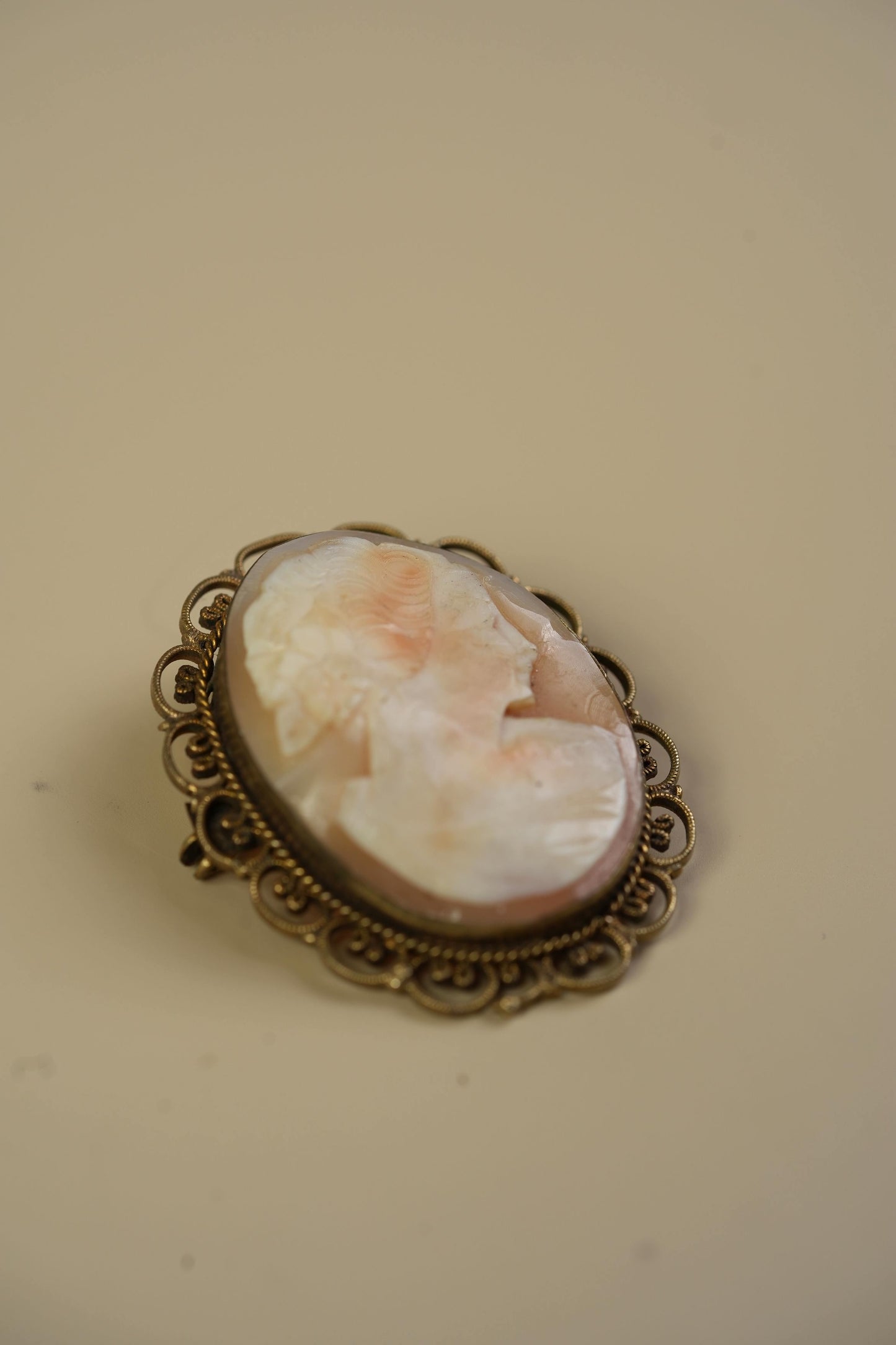 Antique Shell Cameo Pendant — Classical Profile in Beaded Filigree Frame