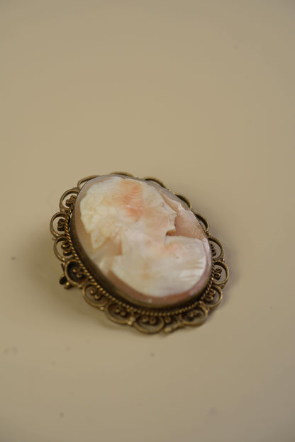 Antique Shell Cameo Pendant — Classical Profile in Beaded Filigree Frame