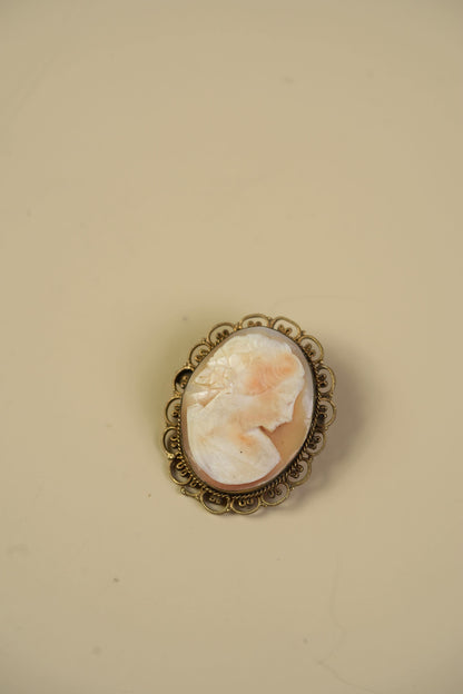 Antique Shell Cameo Pendant — Classical Profile in Beaded Filigree Frame