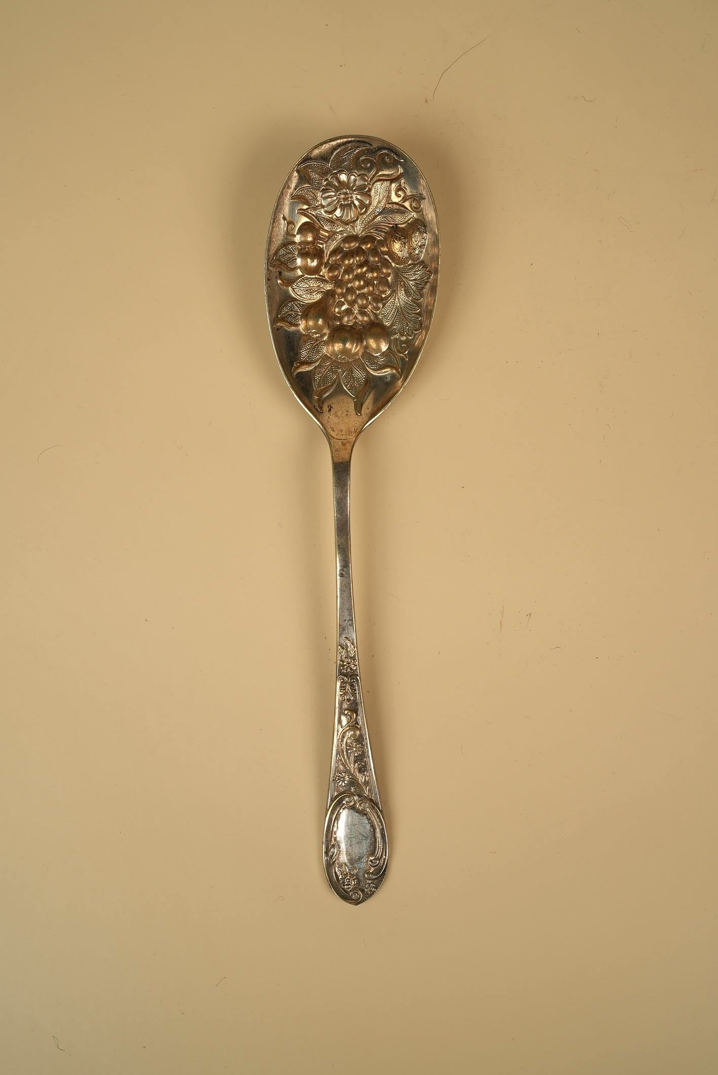 Antique Silver-Plated Berry Spoon with Ornate Repousse Handle & Embossed Grape Bowl