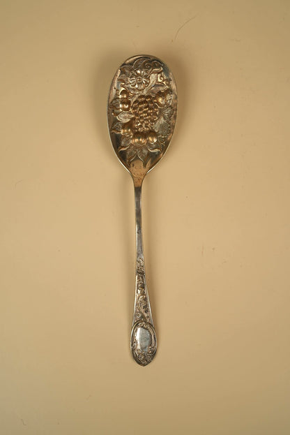 Antique Silver-Plated Berry Spoon with Ornate Repousse Handle & Embossed Grape Bowl