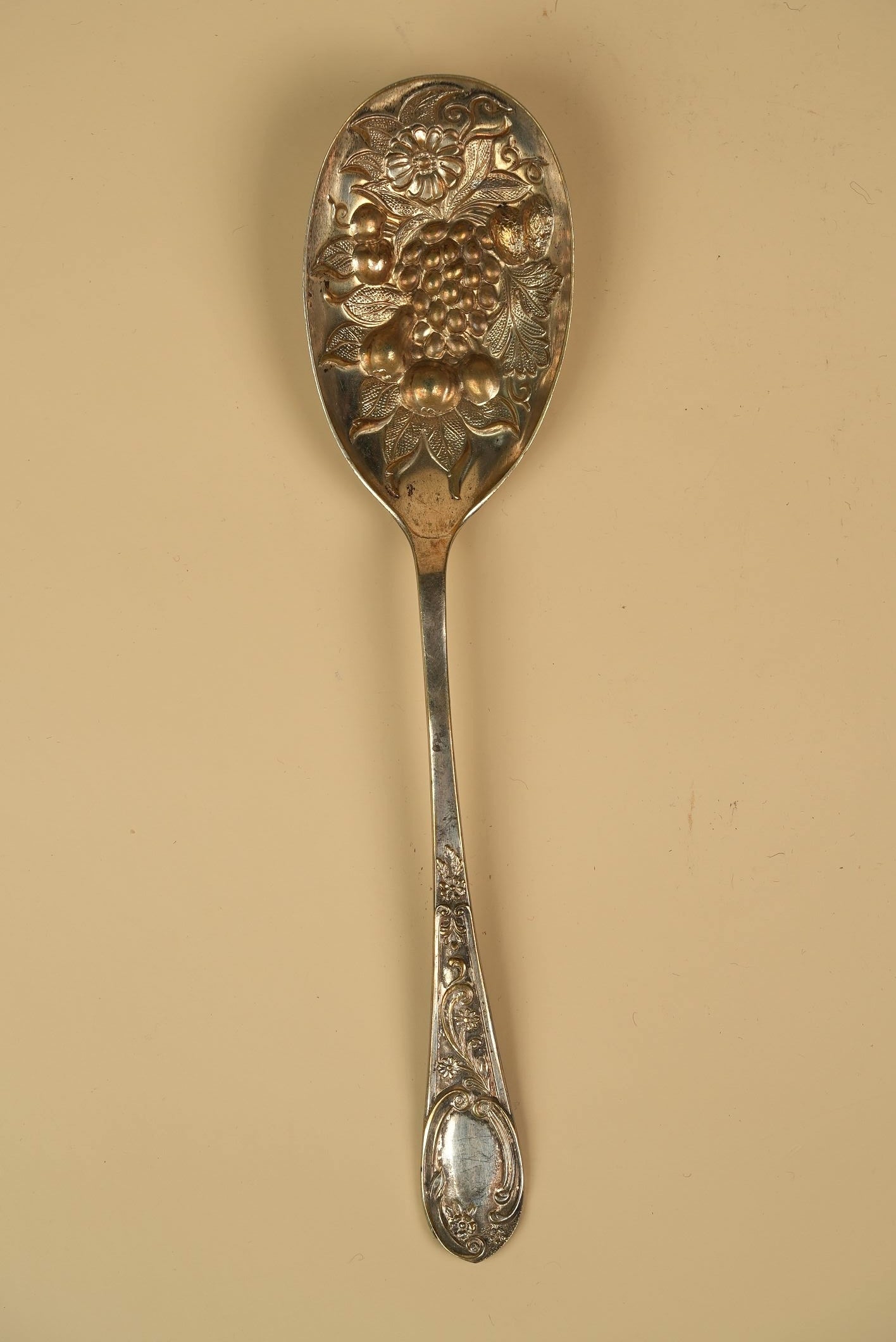 Antique Silver-Plated Berry Spoon with Ornate Repousse Handle & Embossed Grape Bowl