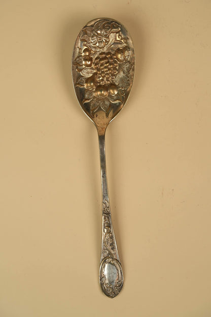 Antique Silver-Plated Berry Spoon with Ornate Repousse Handle & Embossed Grape Bowl