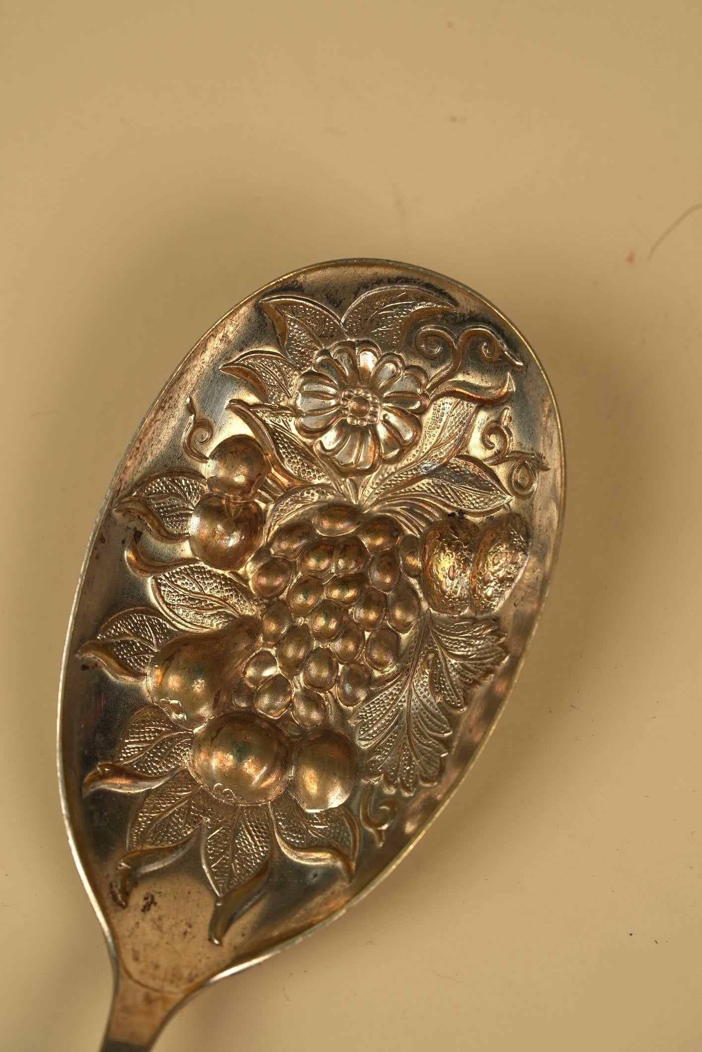Antique Silver-Plated Berry Spoon with Ornate Repousse Handle & Embossed Grape Bowl