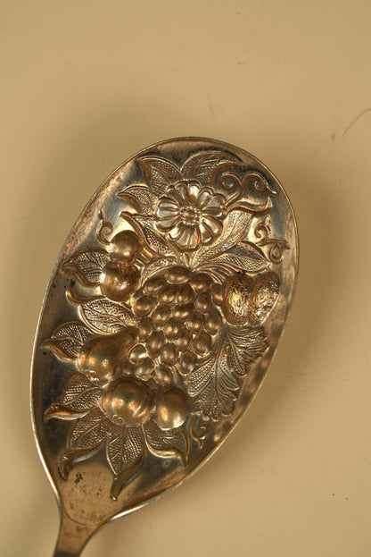 Antique Silver-Plated Berry Spoon with Ornate Repousse Handle & Embossed Grape Bowl