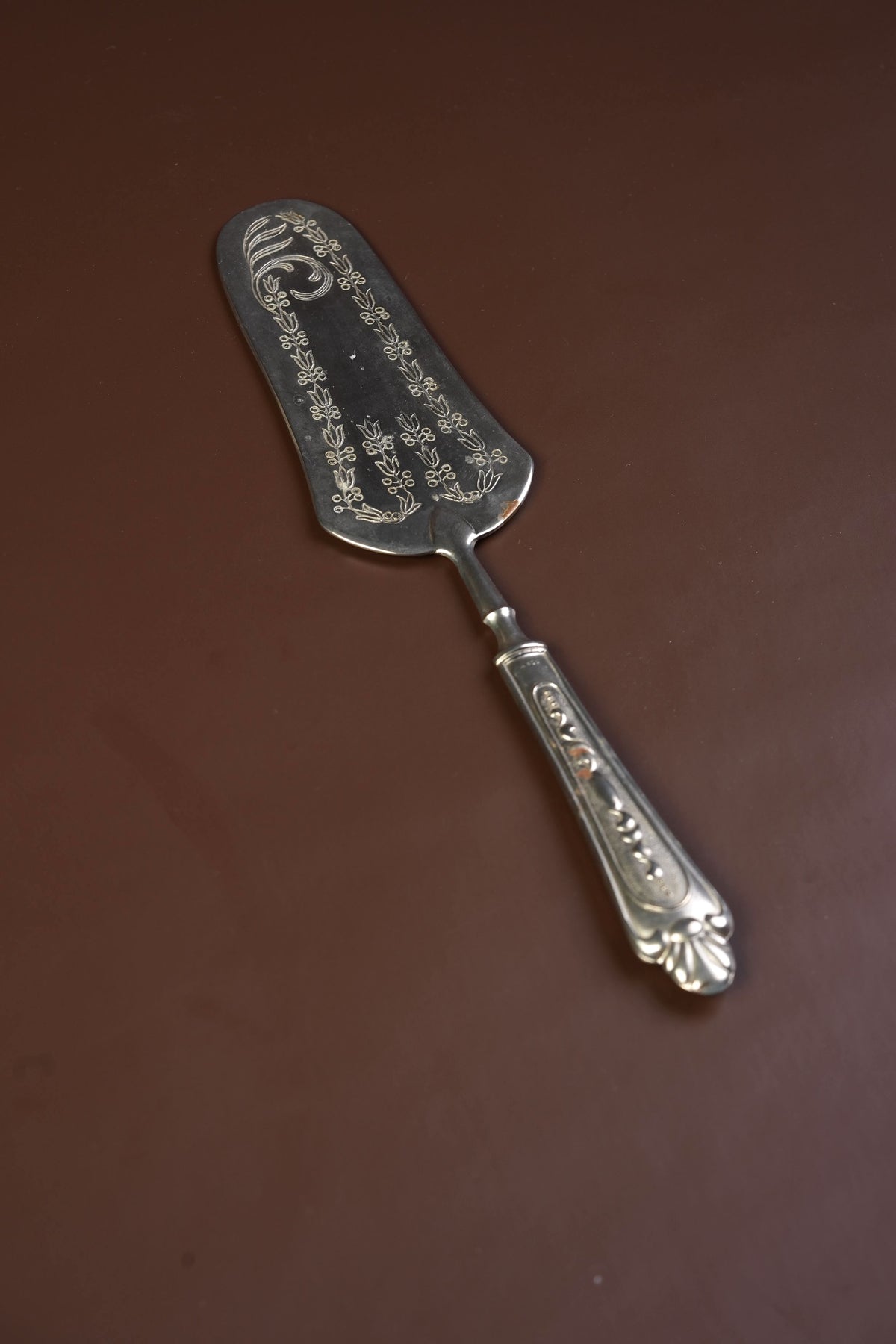 Antique Silver-Plated Cake Server, Engraved Laurel & Monogram