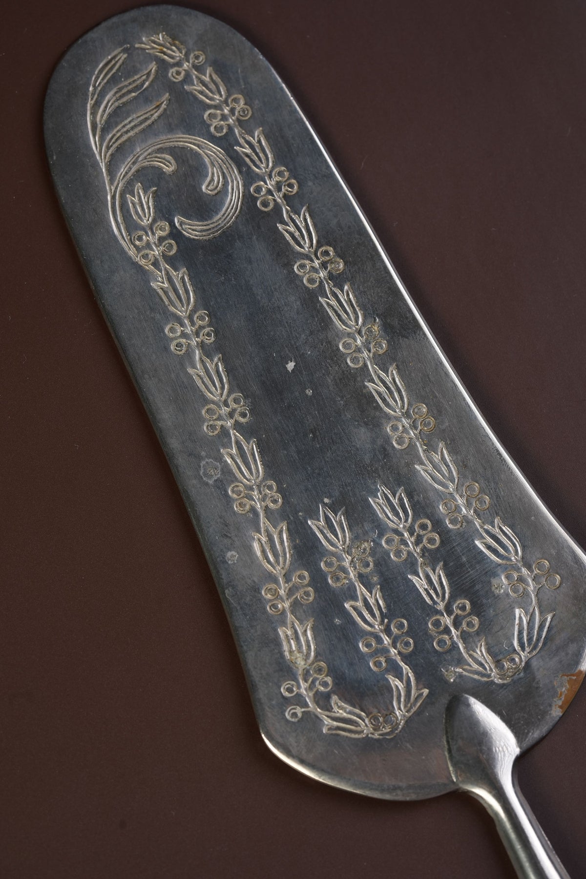 Antique Silver-Plated Cake Server, Engraved Laurel & Monogram