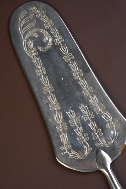 Antique Silver-Plated Cake Server, Engraved Laurel & Monogram