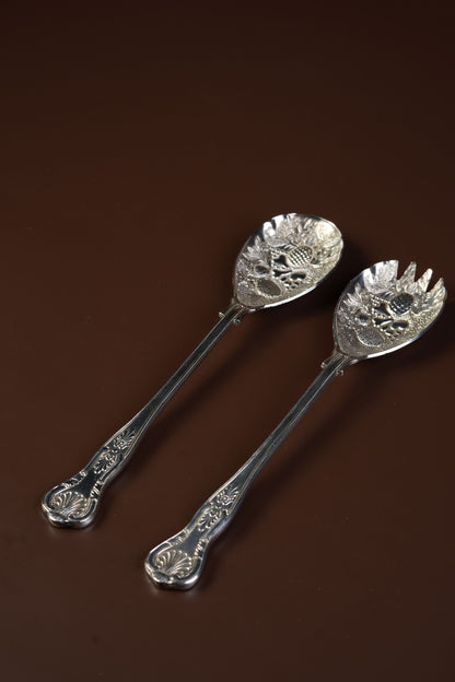 Antique Silver-Plated Pierced Salad Serving Spoon & Fork Set