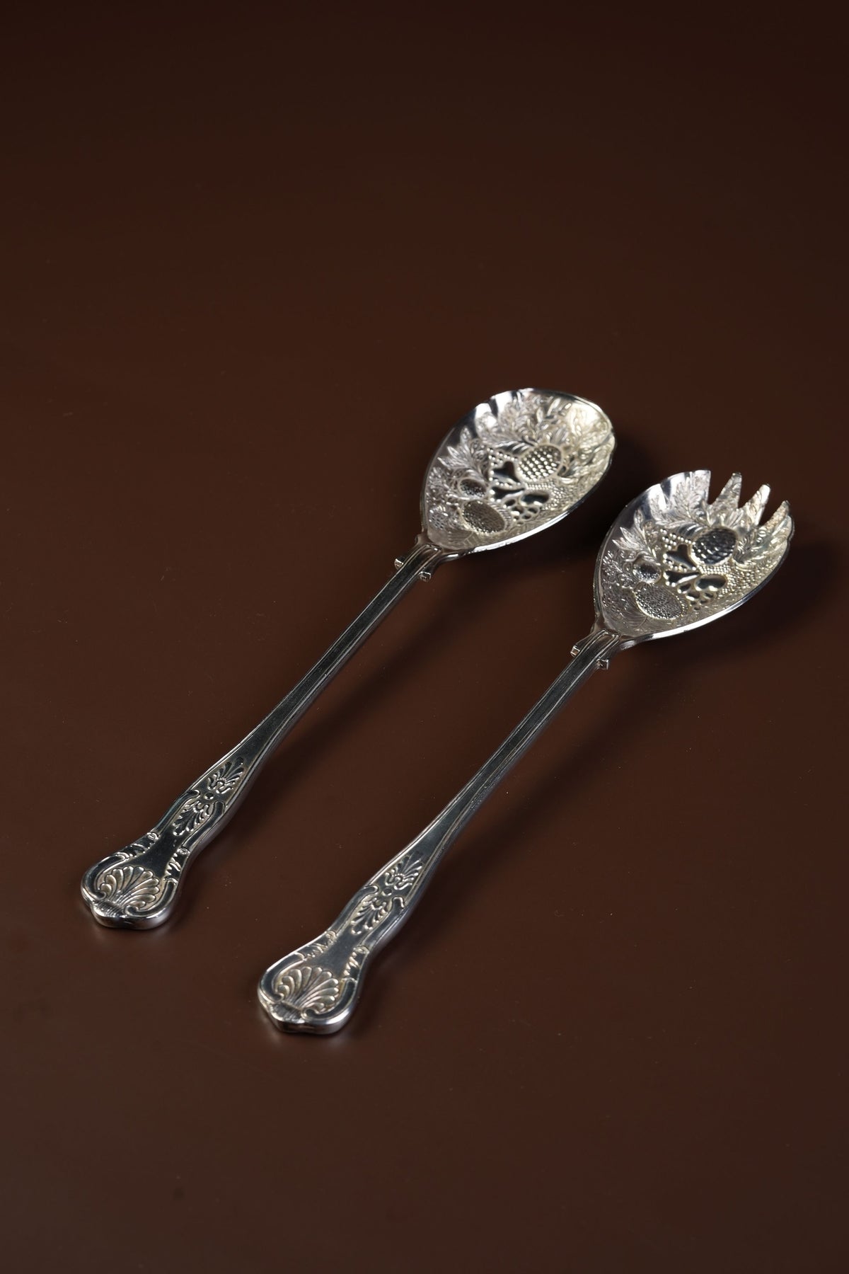 Antique Silver-Plated Pierced Salad Serving Spoon & Fork Set