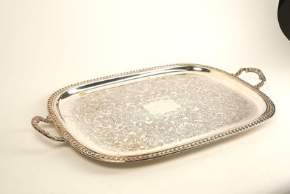 Ornate Silver-Plated Engraved Serving Tray with Handles