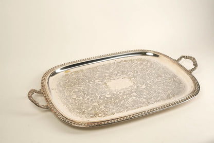 Ornate Silver-Plated Engraved Serving Tray with Handles