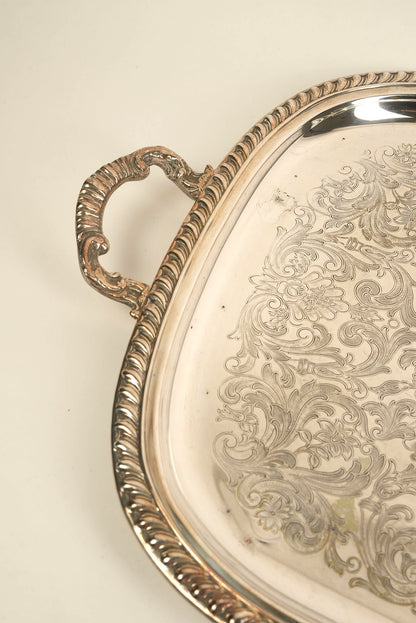 Ornate Silver-Plated Engraved Serving Tray with Handles