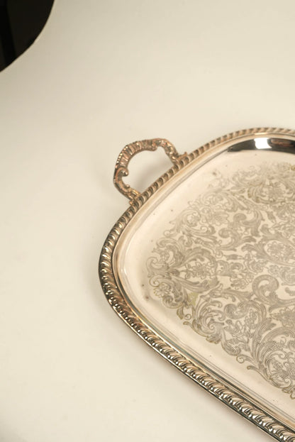 Ornate Silver-Plated Engraved Serving Tray with Handles