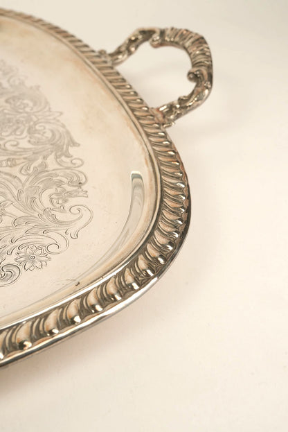 Ornate Silver-Plated Engraved Serving Tray with Handles