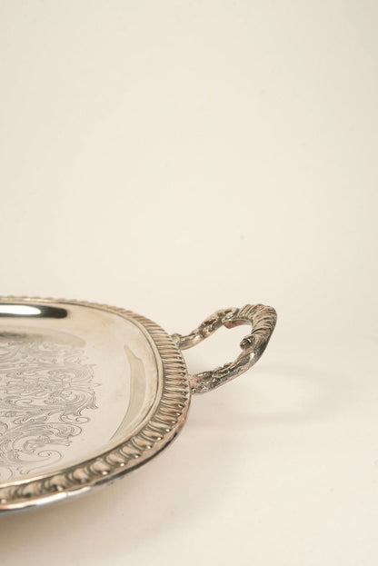 Ornate Silver-Plated Engraved Serving Tray with Handles