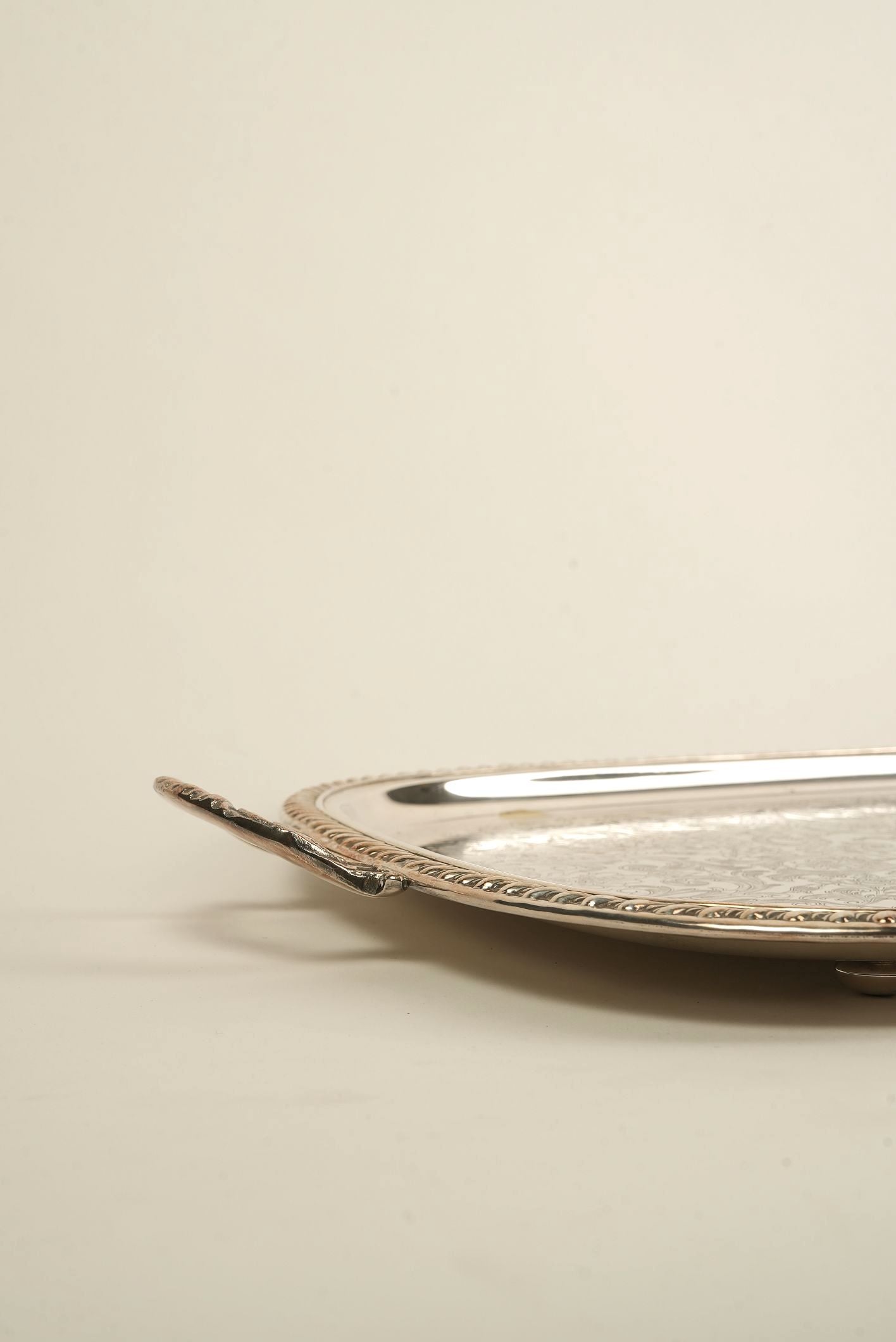 Ornate Silver-Plated Engraved Serving Tray with Handles