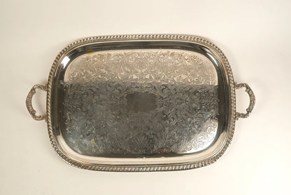 Ornate Silver-Plated Engraved Serving Tray with Handles