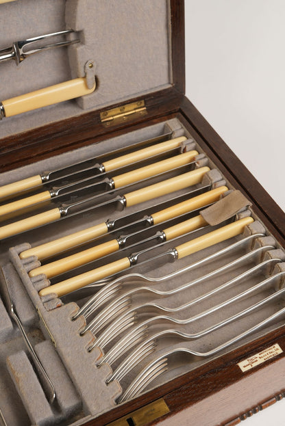 Set of silverware with wooden handles in a wooden case