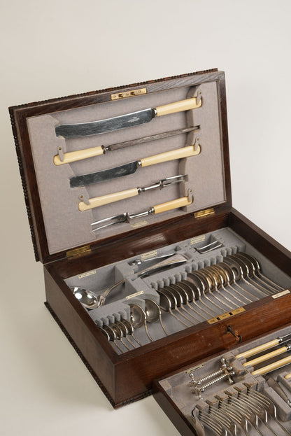 Antique Silver Plated Cutlery Canteen in Fitted Oak Case