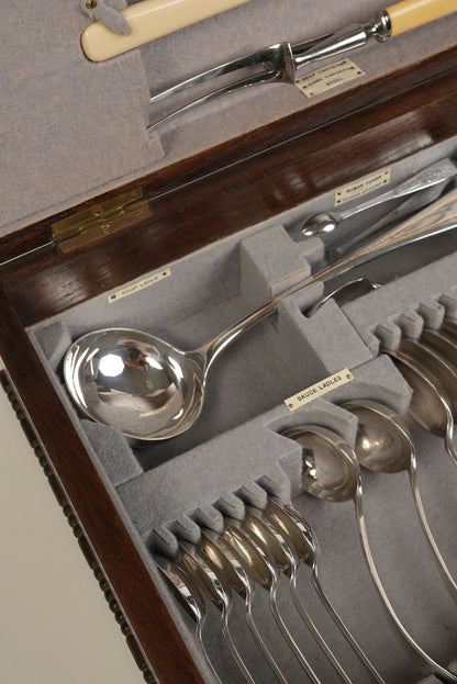 Antique Silver Plated Cutlery Canteen in Fitted Oak Case