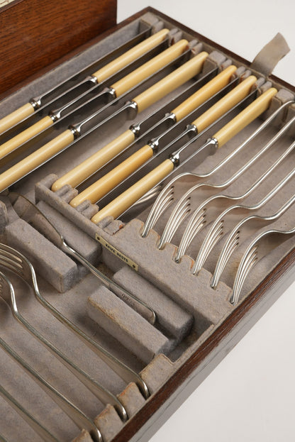 Antique Silver Plated Cutlery Canteen in Fitted Oak Case