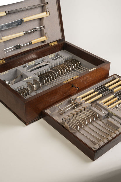 Antique Silver Plated Cutlery Canteen in Fitted Oak Case