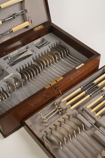 Antique Silver Plated Cutlery Canteen in Fitted Oak Case