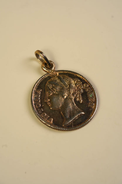 Antique East India Company One Rupee Coin Pendant — Queen Victoria, 1840