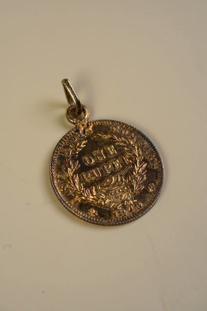 Antique East India Company One Rupee Coin Pendant — Queen Victoria, 1840