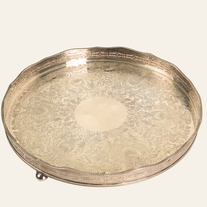 Ornate Silver-Plated Engraved Serving Tray