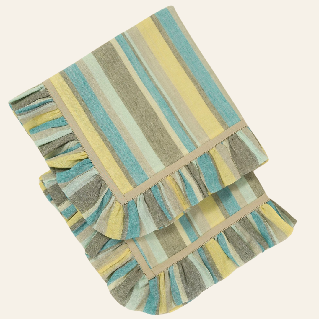 Blue & Green Striped Napkins With Frill | Set of 2