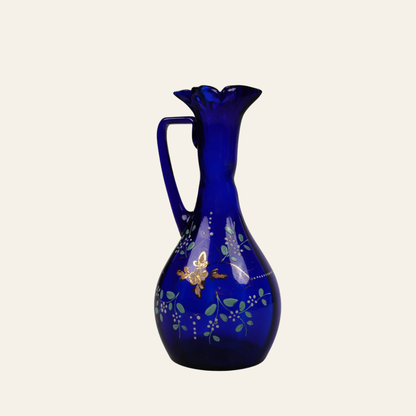 Vintage Cobalt Blue Hand-Painted Blown Glass Vase