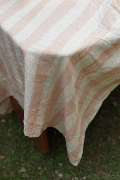 Beige & White Stripe Linen Table Cover