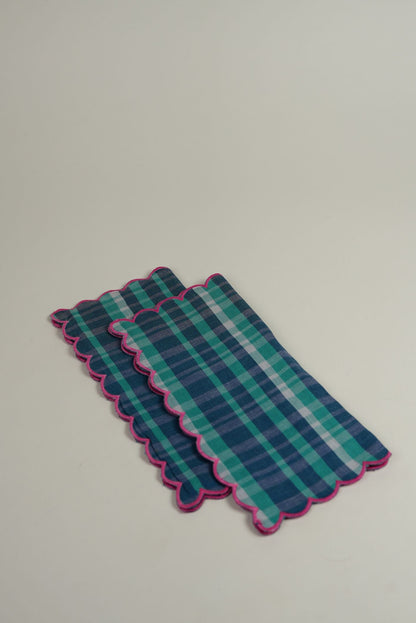 Blue Check Cotton Napkins with Pink Scalloped Edge  | Set of 2