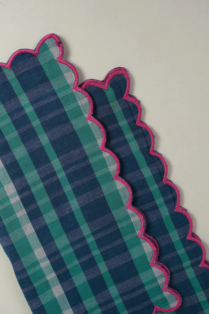 Blue Check Cotton Napkins with Pink Scalloped Edge  | Set of 2