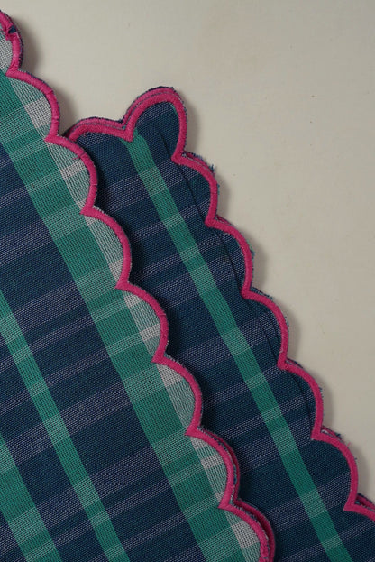 Blue Check Cotton Napkins with Pink Scalloped Edge  | Set of 2