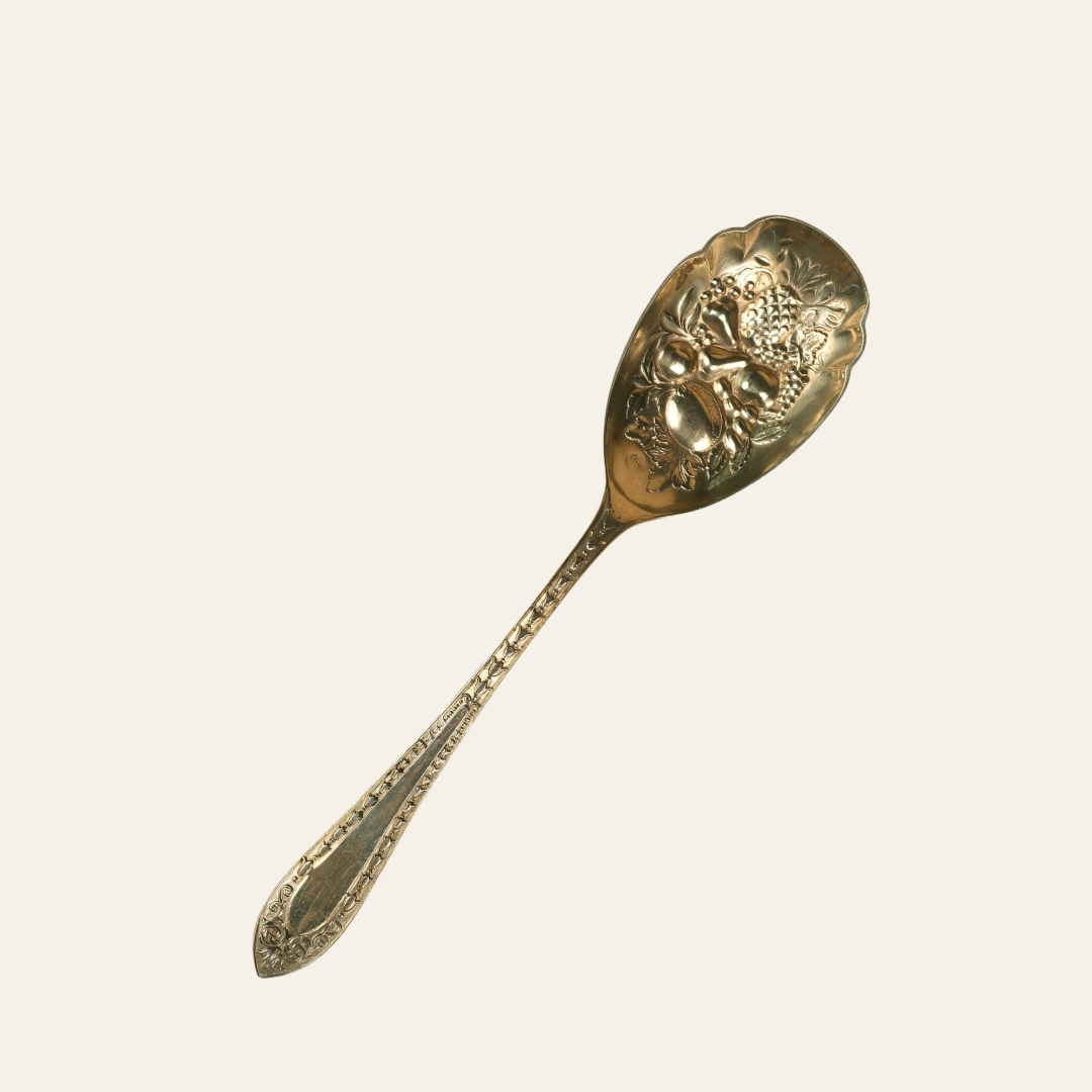 Antique Silver-Plated Berry Spoon with Embossed Pineapple & Fruit Bowl