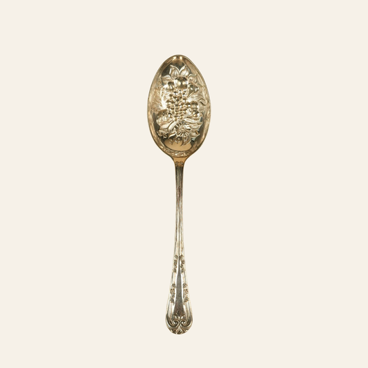 Antique Silver-Plated Berry Spoon with Embossed Floral & Grape Bowl