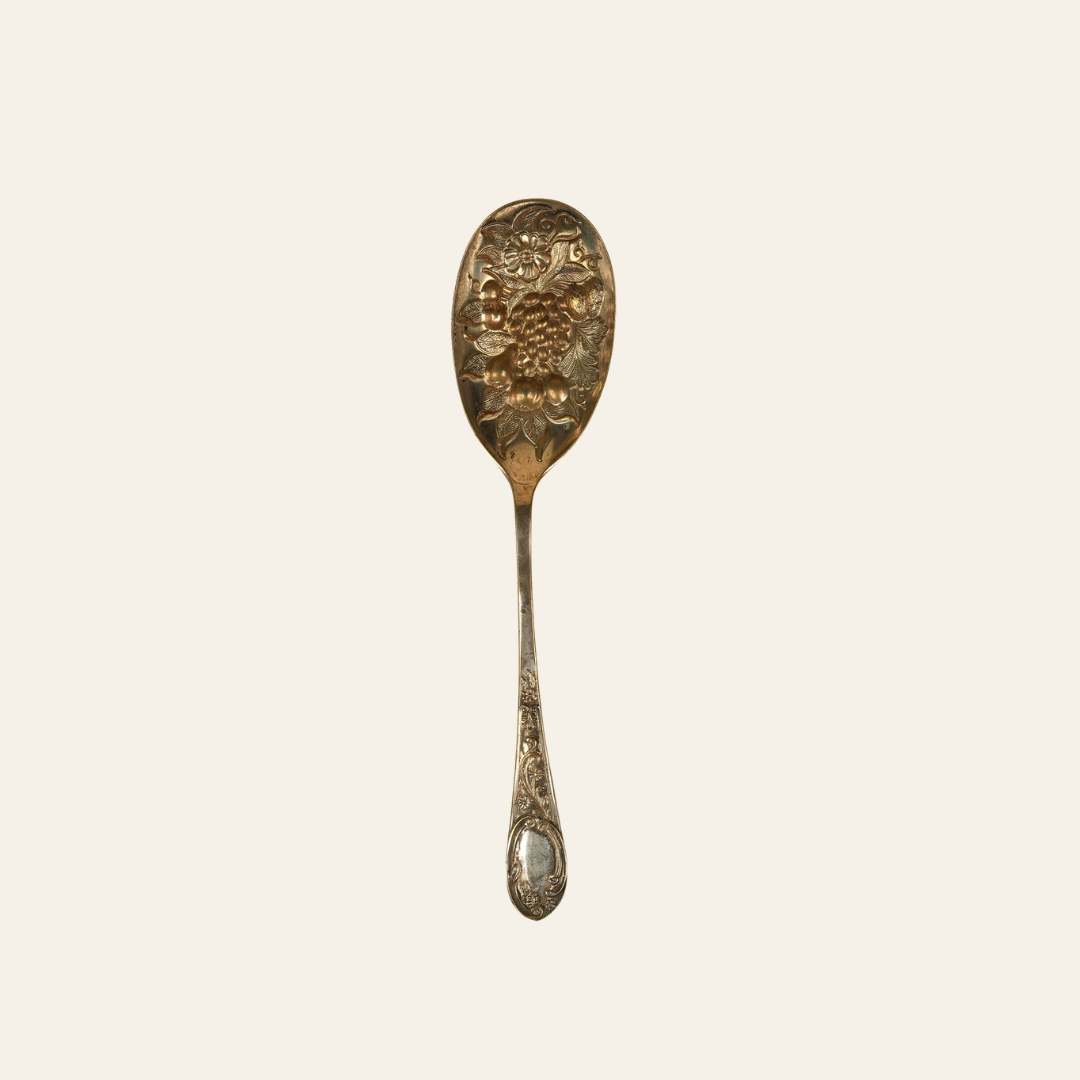Antique Silver-Plated Berry Spoon with Ornate Repousse Handle & Embossed Grape Bowl