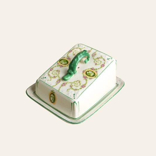 Victorian Ceramic Butter Dish with Green Vine & Pink Floral Decoration